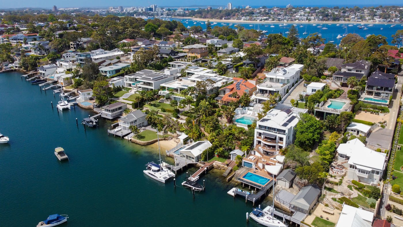 Aerial view of luxury homes along the Sydney North Shore coastline