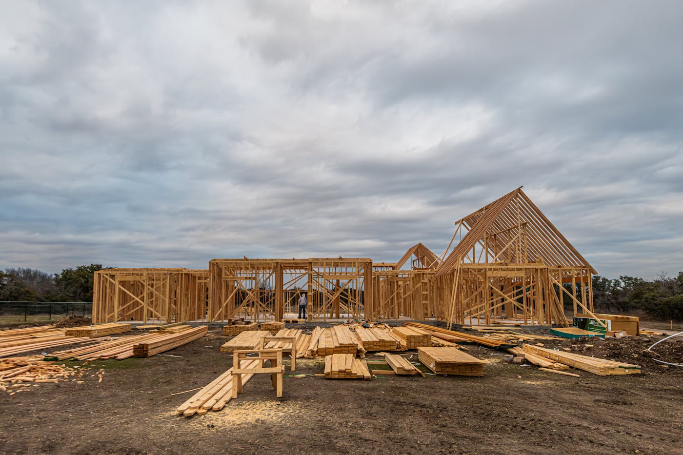 Wooden house framing under construction on a residential development site in Sydney