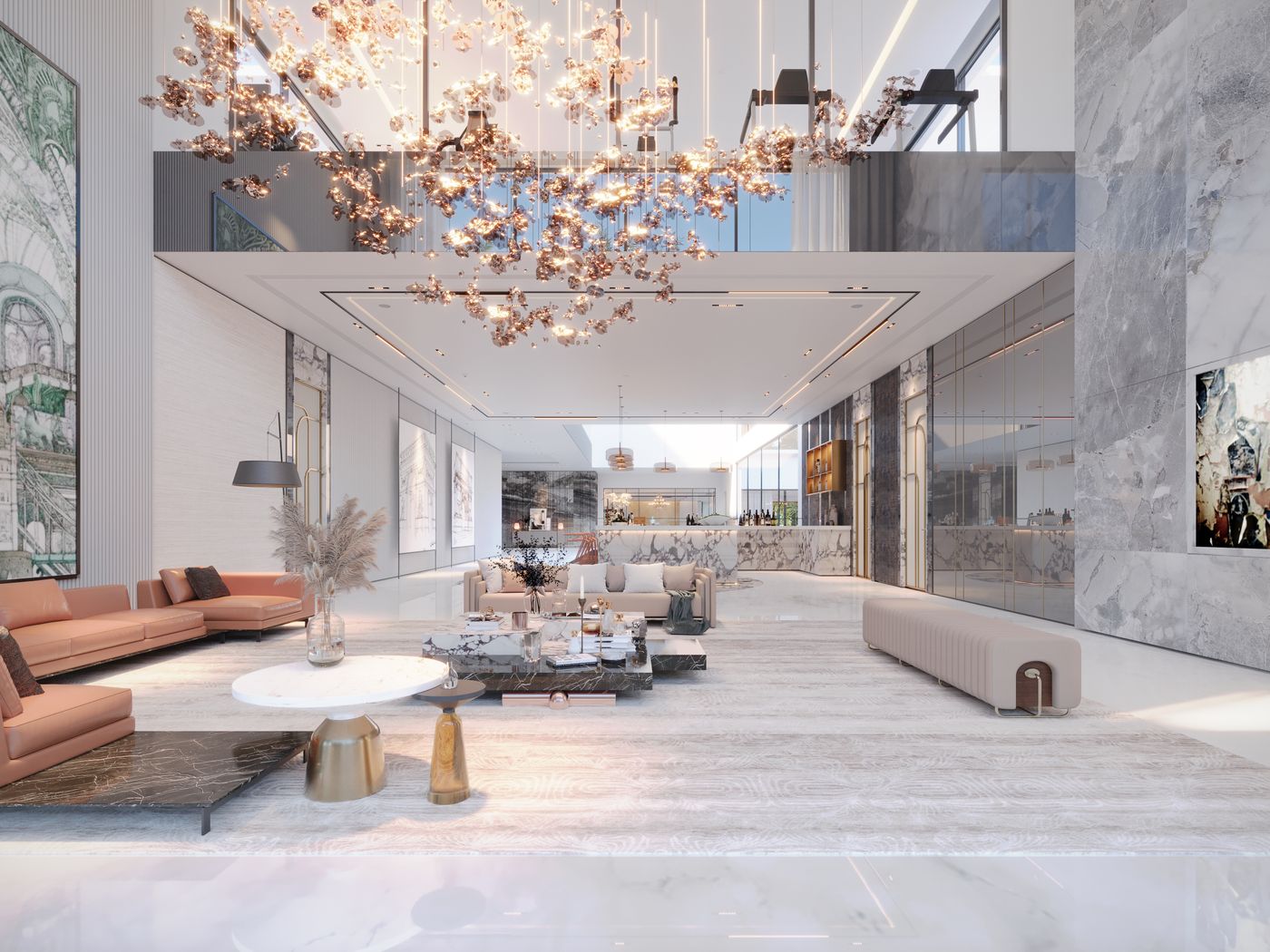 Spacious luxury living room with statement chandelier and custom joinery