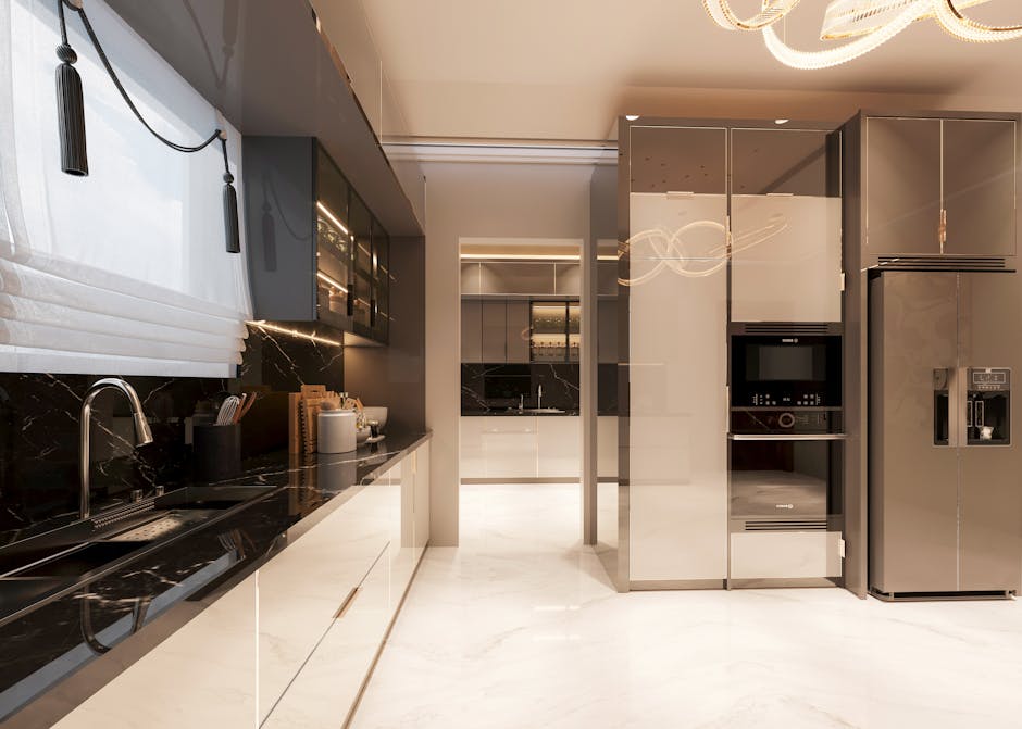 Modern luxury kitchen interior with marble benchtops and custom joinery