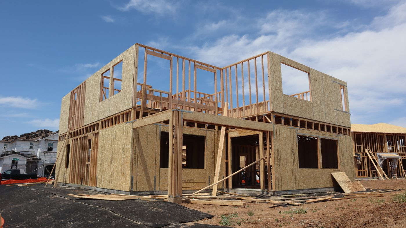 Two-storey duplex timber frame under construction on a residential Sydney block