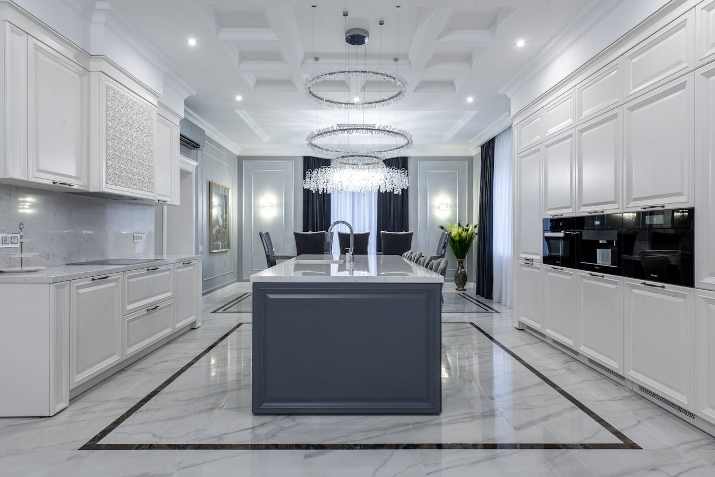 Interior of contemporary spacious kitchen with light furniture in a custom-built NSW home