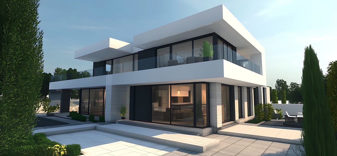 Contemporary white modern home with flat roof and large glass windows